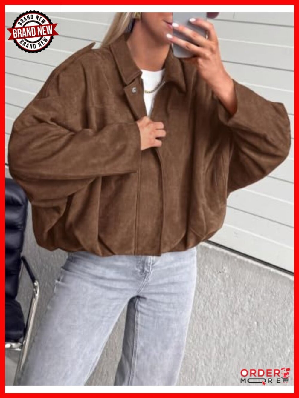Faux Suede Cropped Bomber Jacket Batwing Sleeve Fall Casual - Picture 3 of 6